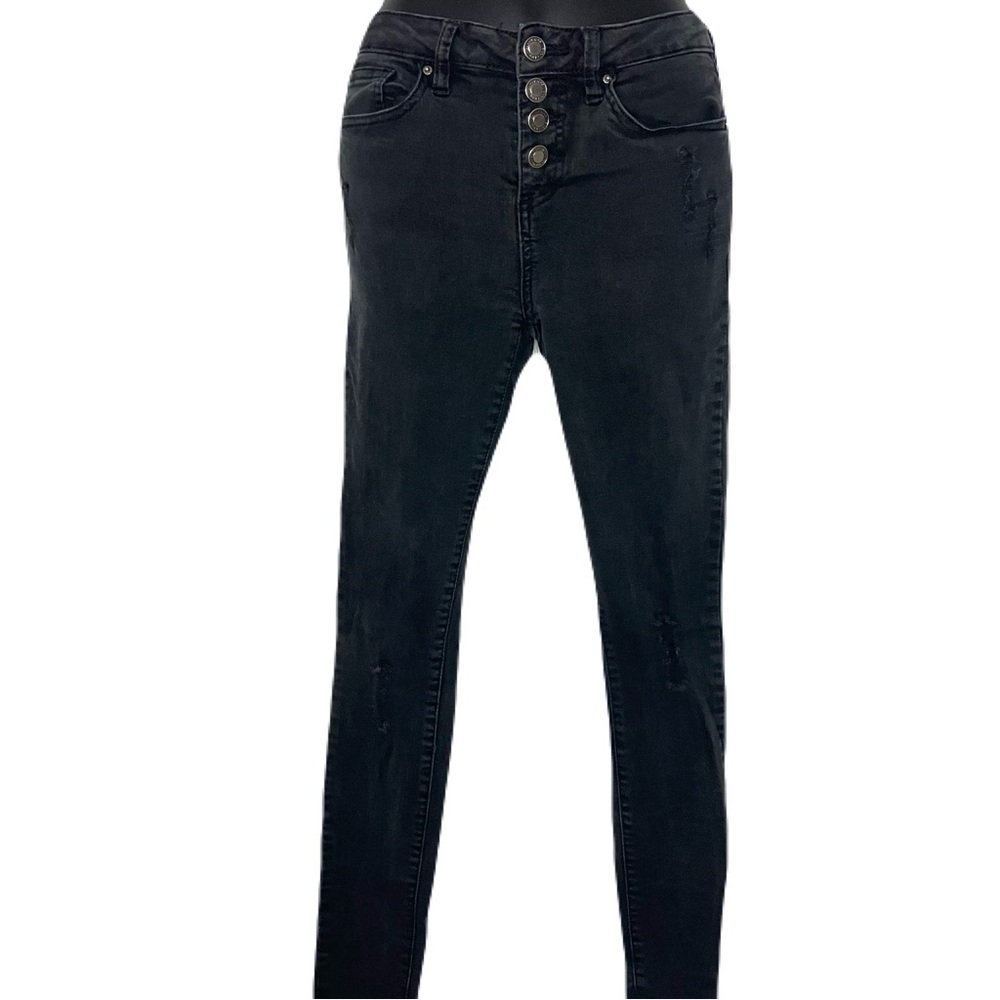 Angel Kiss Mid Rise Button Fly Distressed Black Jeans